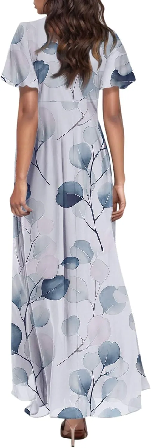 Summer Dresses for Women Highwaisted Flowy Maxi Dress Chiffon Ruffle Sleeve Boho Floral Dresses Western Wedding Dress