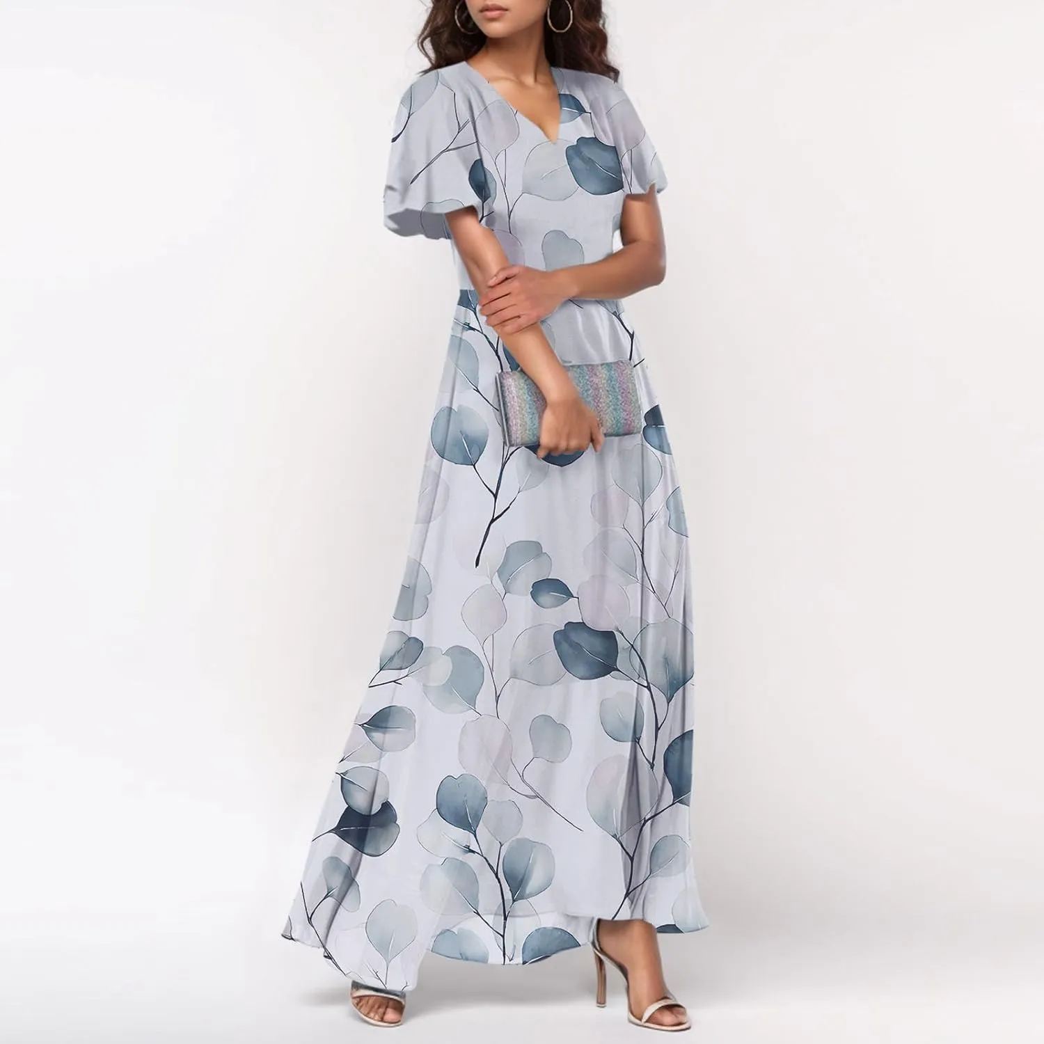 Summer Dresses for Women Highwaisted Flowy Maxi Dress Chiffon Ruffle Sleeve Boho Floral Dresses Western Wedding Dress