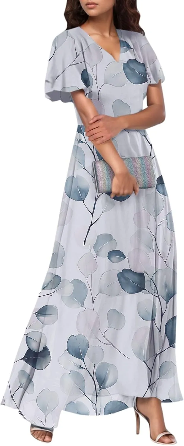 Summer Dresses for Women Highwaisted Flowy Maxi Dress Chiffon Ruffle Sleeve Boho Floral Dresses Western Wedding Dress