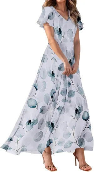 Summer Dresses for Women Highwaisted Flowy Maxi Dress Chiffon Ruffle Sleeve Boho Floral Dresses Western Wedding Dress