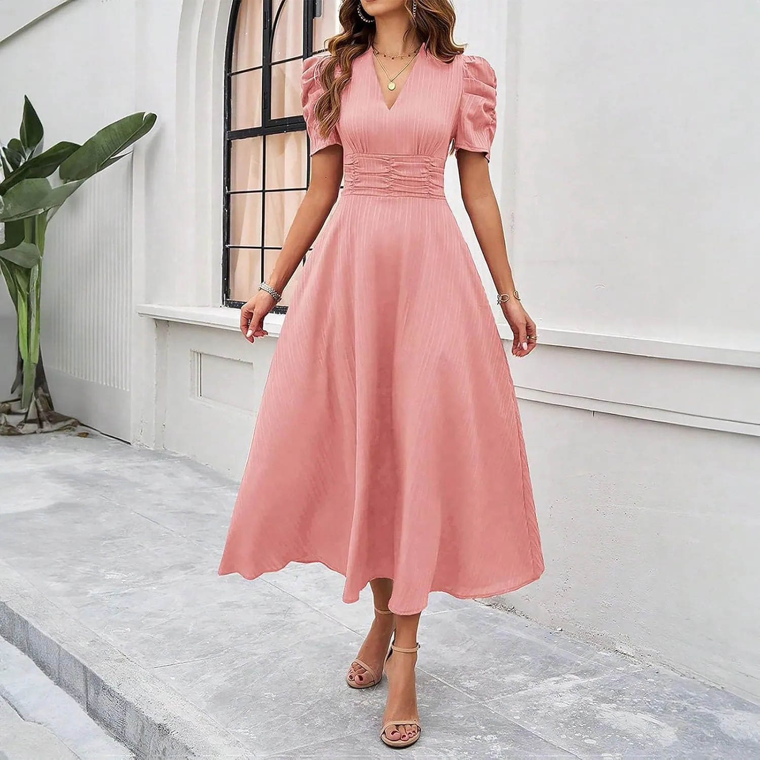 Summer Semi Formal Dresses for Women Solid Puff Sleeve Maxi Dress Elegant Empire Waist Dresses