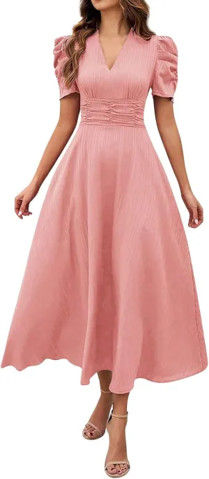 Summer Semi Formal Dresses for Women Solid Puff Sleeve Maxi Dress Elegant Empire Waist Dresses