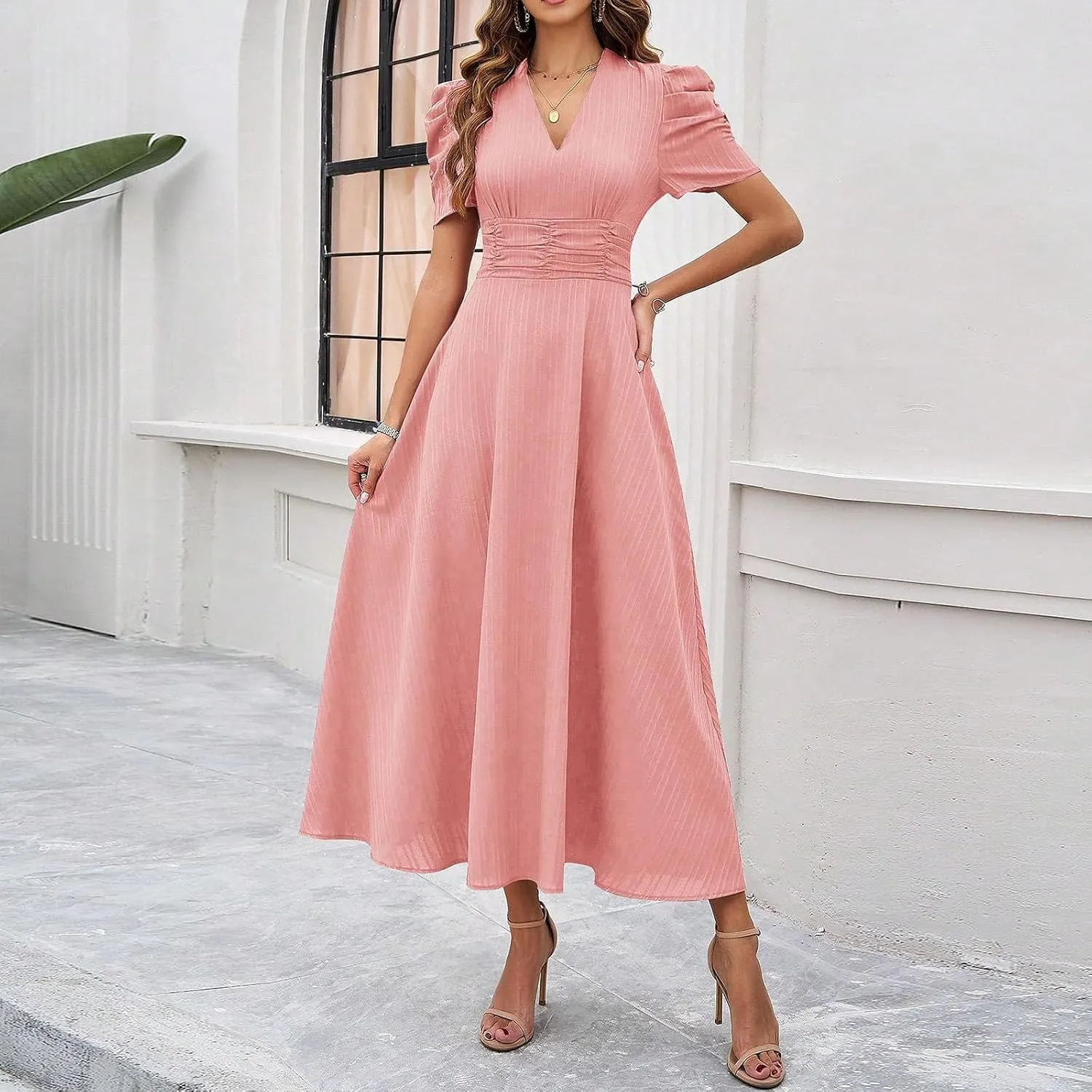 Summer Semi Formal Dresses for Women Solid Puff Sleeve Maxi Dress Elegant Empire Waist Dresses