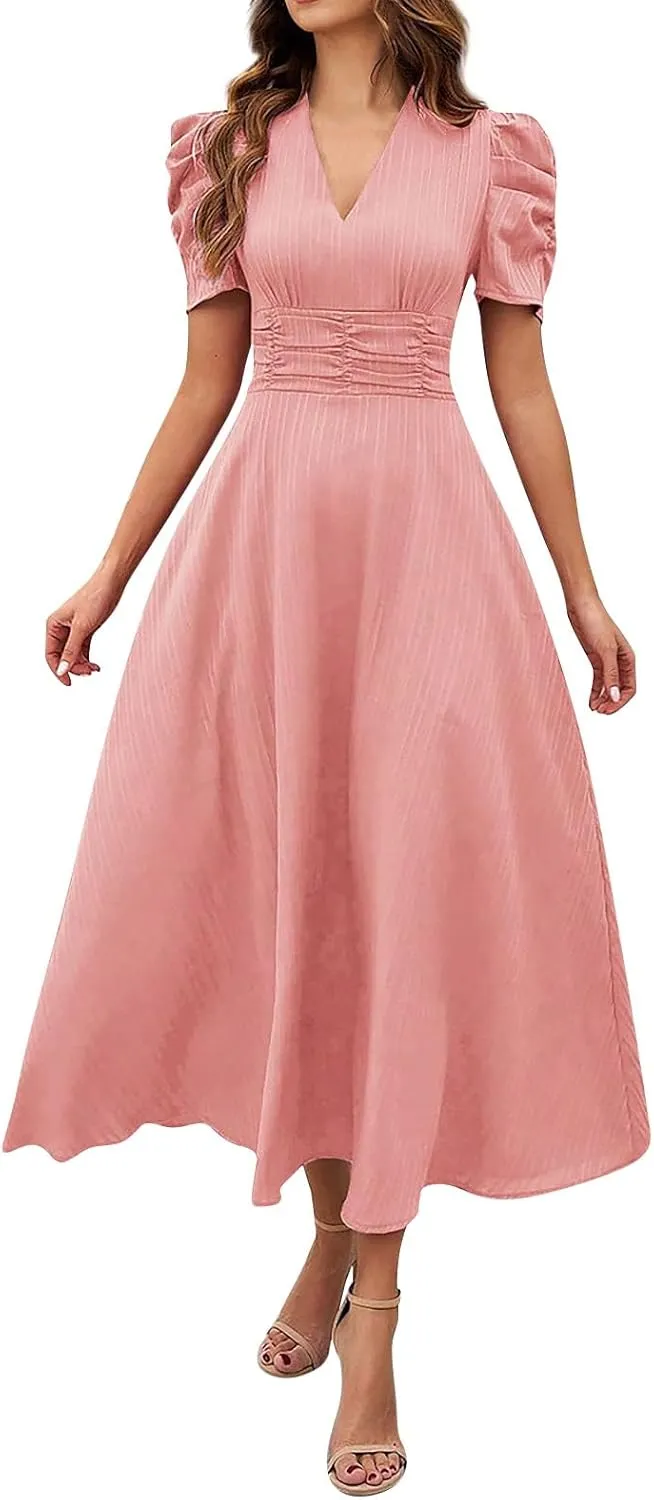 Summer Semi Formal Dresses for Women Solid Puff Sleeve Maxi Dress Elegant Empire Waist Dresses