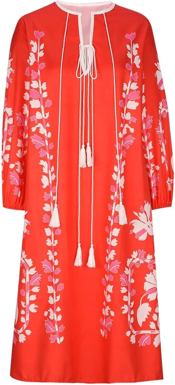 TANGNADE Women Boho Maxi Dresses V Neck Long Puff Sleeve Ruffle Casual Flowy Beach Vacation Flowy Long Dress