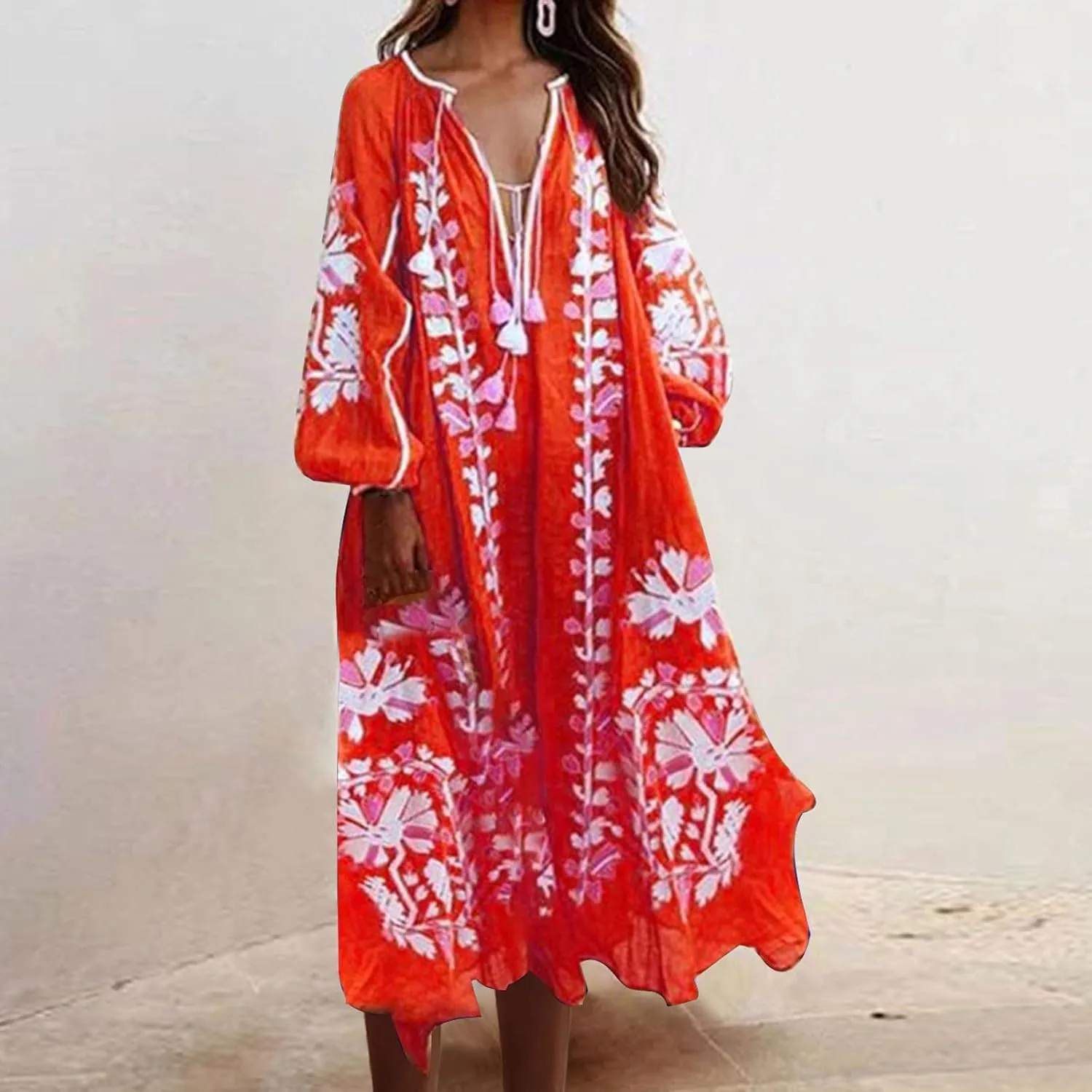TANGNADE Women Boho Maxi Dresses V Neck Long Puff Sleeve Ruffle Casual Flowy Beach Vacation Flowy Long Dress