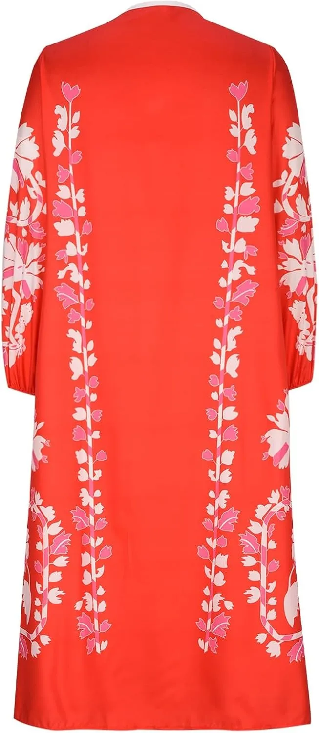 TANGNADE Women Boho Maxi Dresses V Neck Long Puff Sleeve Ruffle Casual Flowy Beach Vacation Flowy Long Dress