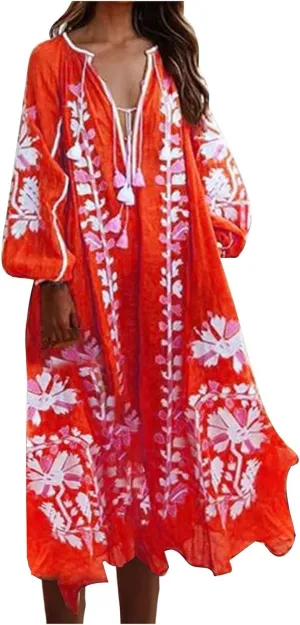 TANGNADE Women Boho Maxi Dresses V Neck Long Puff Sleeve Ruffle Casual Flowy Beach Vacation Flowy Long Dress