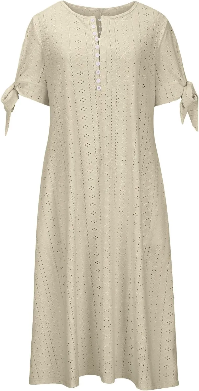 TARIENDY Eyelet Dress for Women 2025 Summer Boho Dresses Casual Short Sleeve Midi Dress Beach Vacation Outfits with Pockets