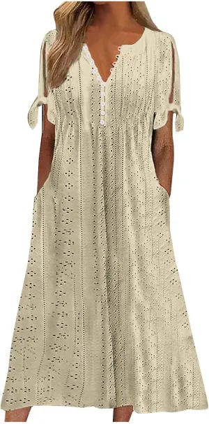 TARIENDY Eyelet Dress for Women 2025 Summer Boho Dresses Casual Short Sleeve Midi Dress Beach Vacation Outfits with Pockets