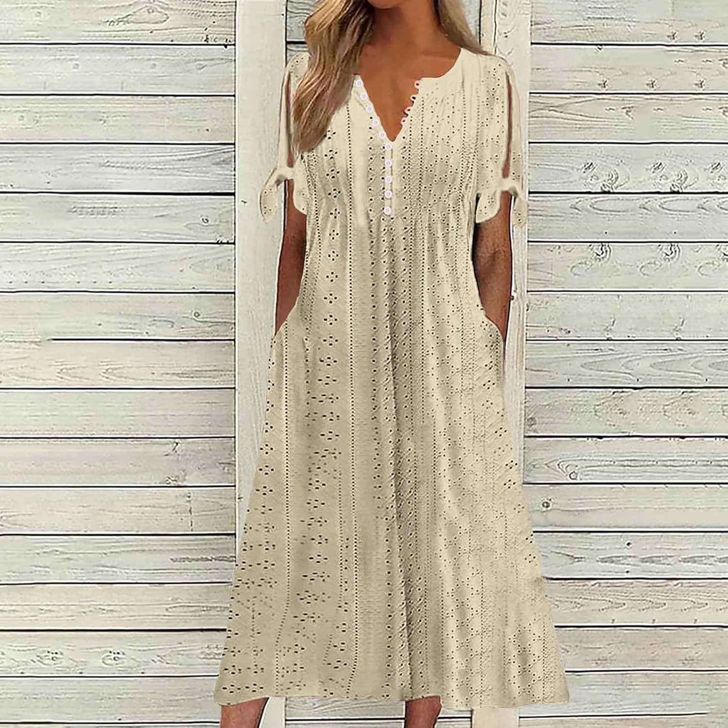 TARIENDY Eyelet Dress for Women 2025 Summer Boho Dresses Casual Short Sleeve Midi Dress Beach Vacation Outfits with Pockets
