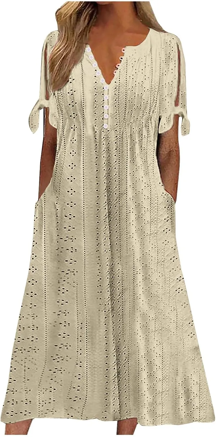 TARIENDY Eyelet Dress for Women 2025 Summer Boho Dresses Casual Short Sleeve Midi Dress Beach Vacation Outfits with Pockets