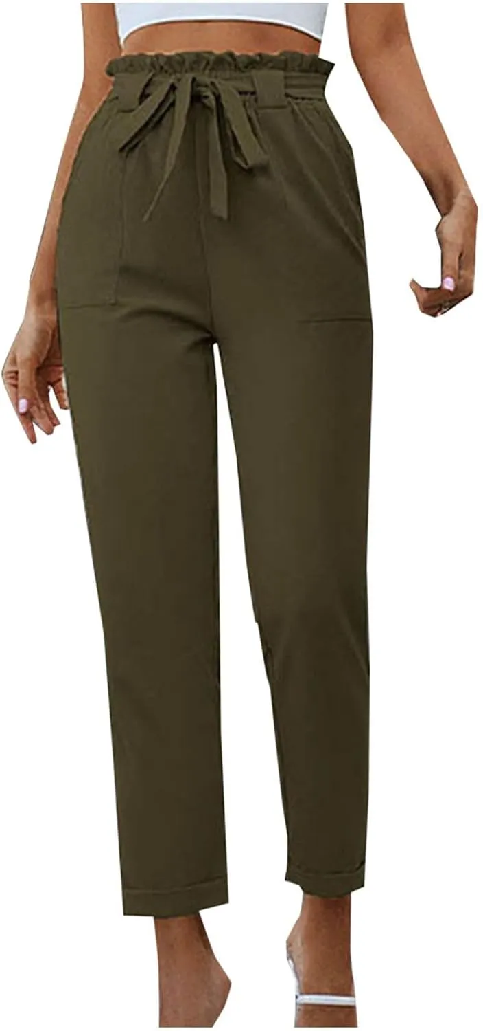 Tummy Control Work Pants for Women Business Casual Pants Drawstring Pants Relaxed Straight Trousers High Waist Pants