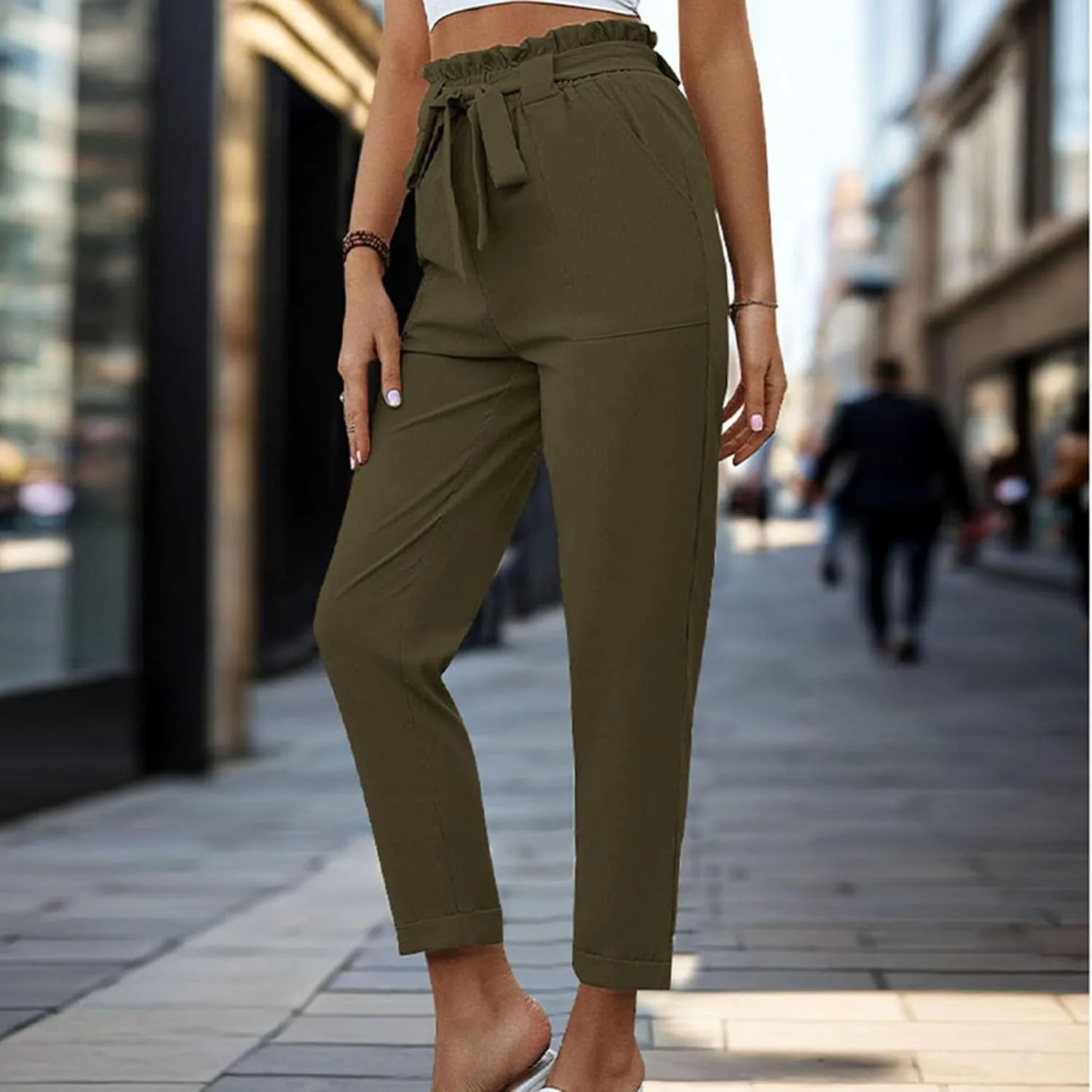 Tummy Control Work Pants for Women Business Casual Pants Drawstring Pants Relaxed Straight Trousers High Waist Pants