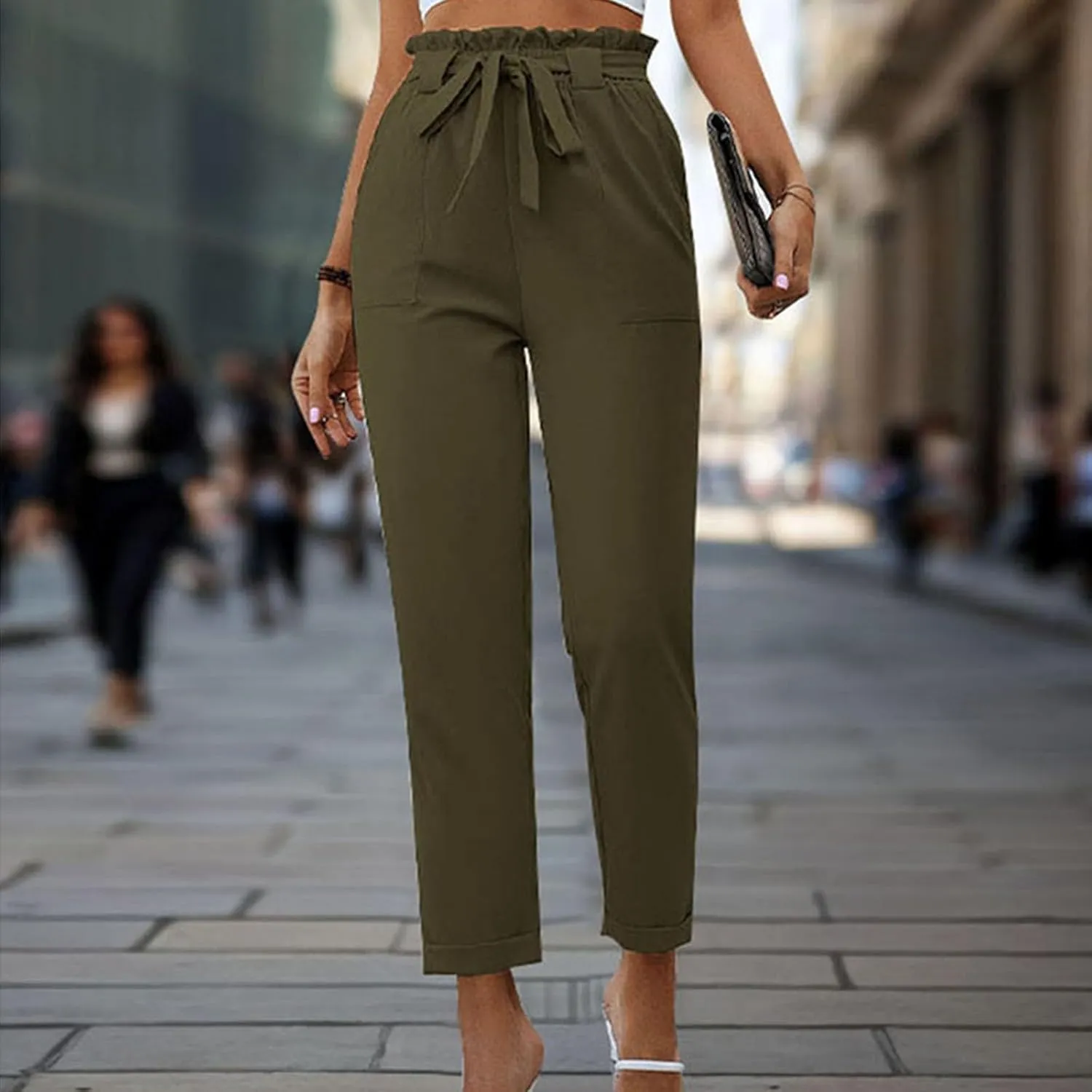 Tummy Control Work Pants for Women Business Casual Pants Drawstring Pants Relaxed Straight Trousers High Waist Pants