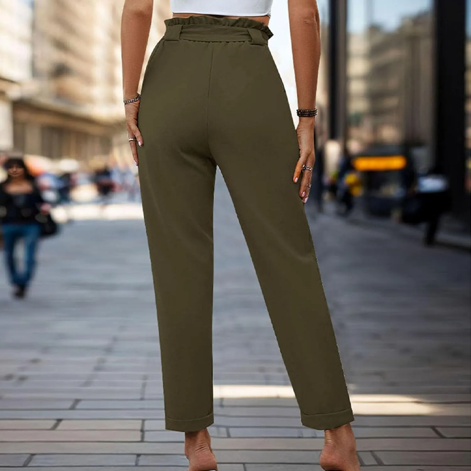 Tummy Control Work Pants for Women Business Casual Pants Drawstring Pants Relaxed Straight Trousers High Waist Pants