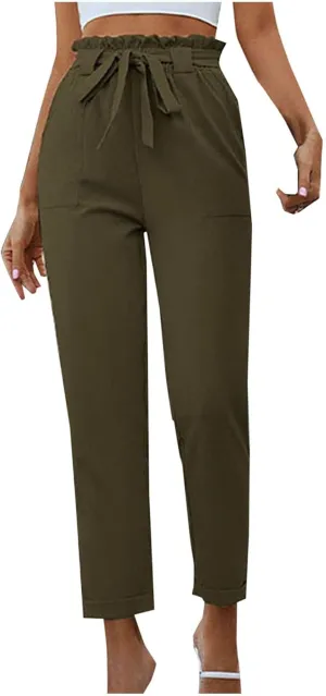 Tummy Control Work Pants for Women Business Casual Pants Drawstring Pants Relaxed Straight Trousers High Waist Pants