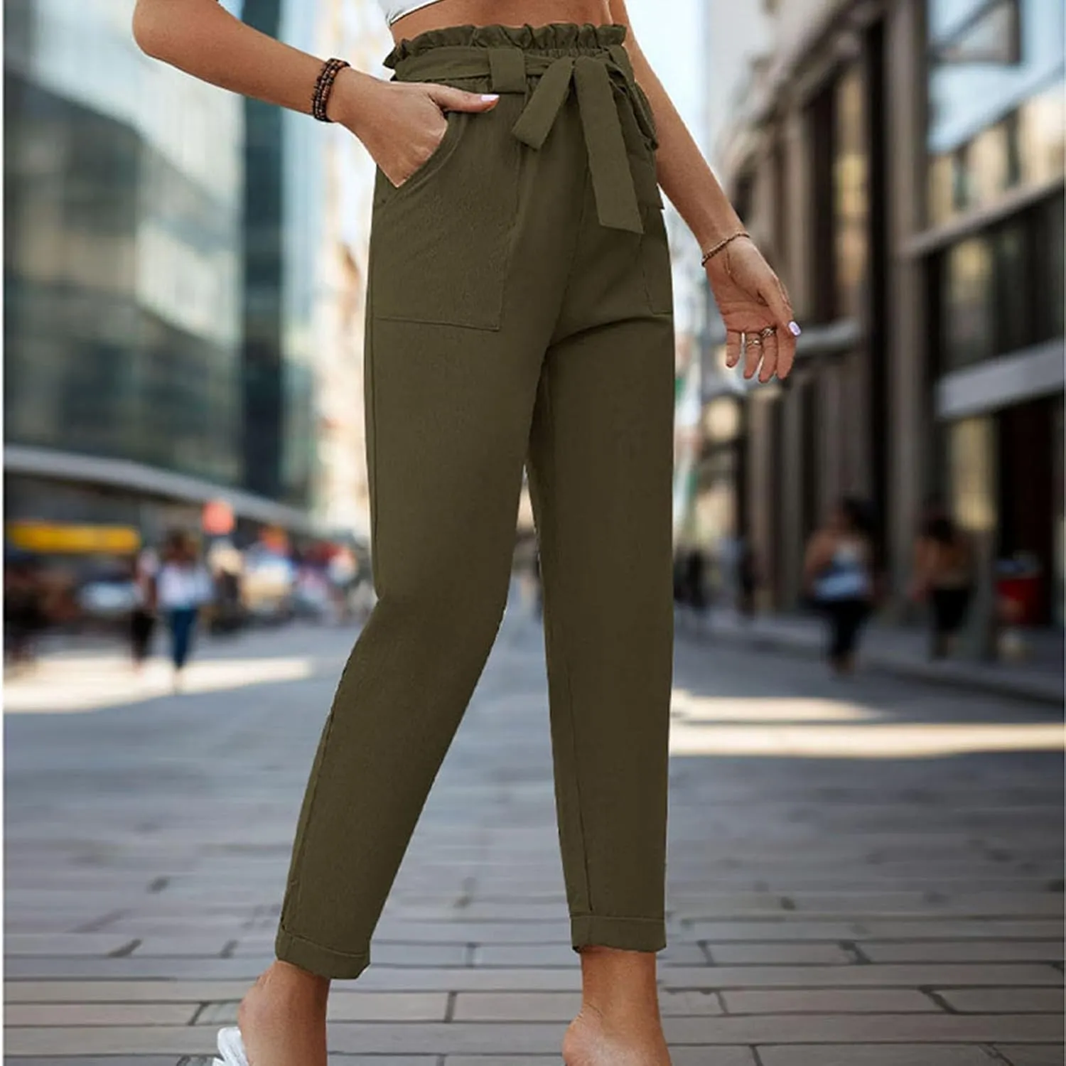 Tummy Control Work Pants for Women Business Casual Pants Drawstring Pants Relaxed Straight Trousers High Waist Pants
