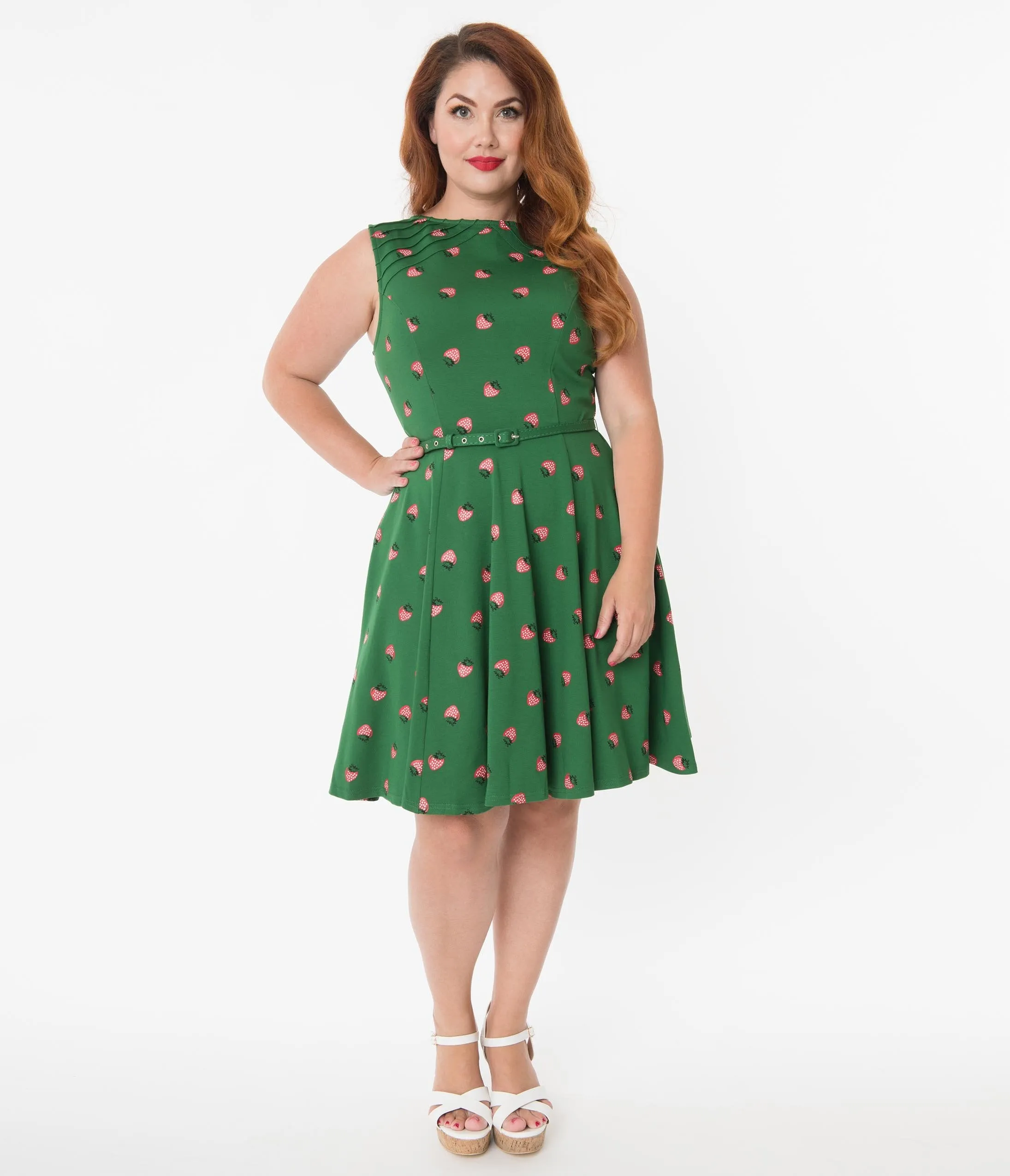 Unique Vintage Plus Size Green & Strawberry Print Kacey Fit & Flare Dress