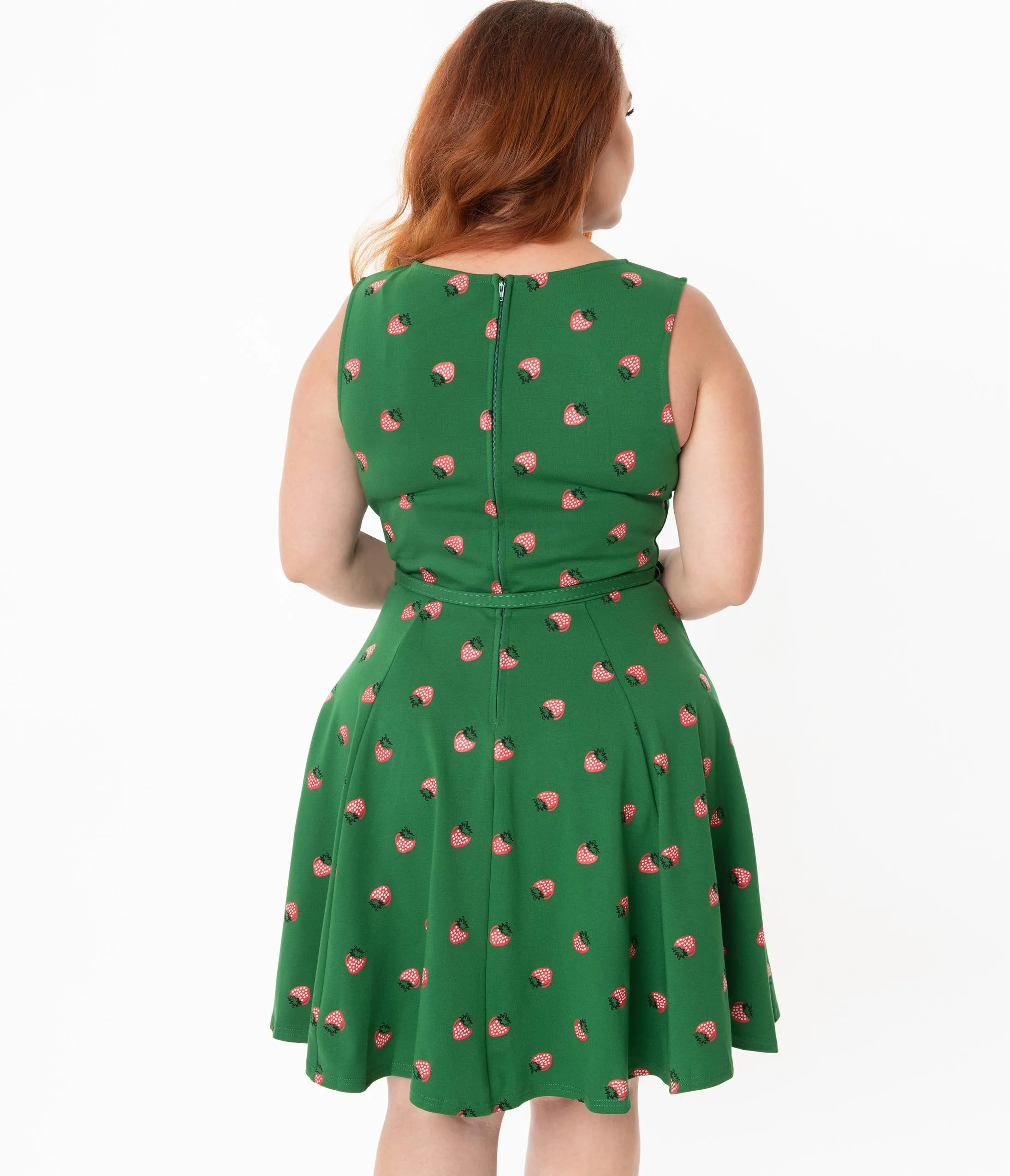 Unique Vintage Plus Size Green & Strawberry Print Kacey Fit & Flare Dress
