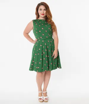 Unique Vintage Plus Size Green & Strawberry Print Kacey Fit & Flare Dress