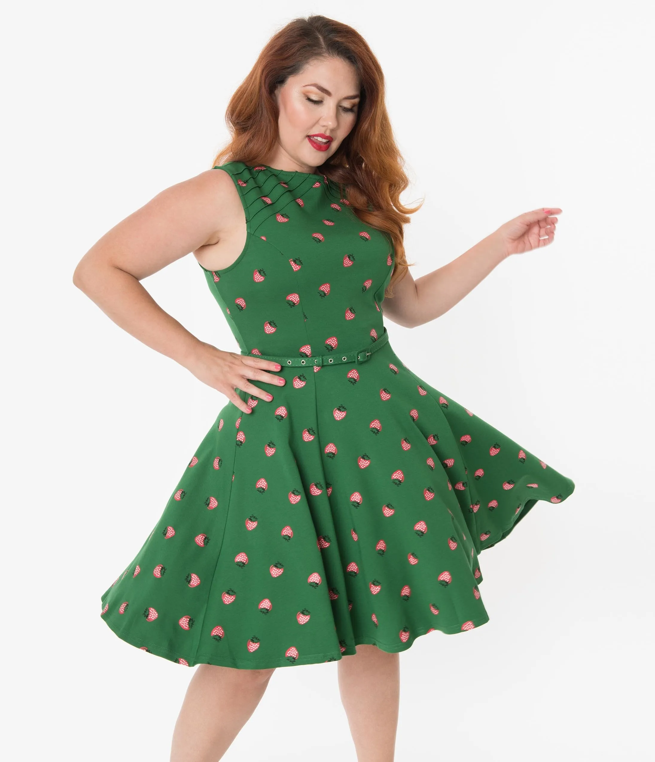 Unique Vintage Plus Size Green & Strawberry Print Kacey Fit & Flare Dress