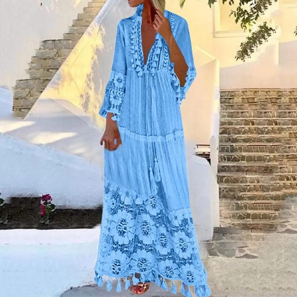 Women Lace Patchwork Maxi Dress Long Sleeve Sexy V Neck Boho Dress Spring Summer Casual Flowy Tiered Bohemian Dress