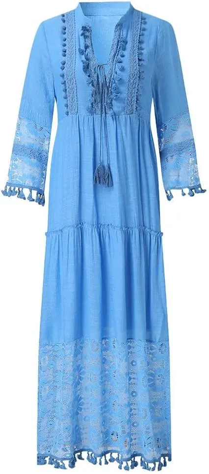 Women Lace Patchwork Maxi Dress Long Sleeve Sexy V Neck Boho Dress Spring Summer Casual Flowy Tiered Bohemian Dress