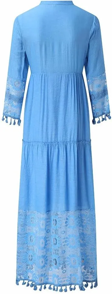 Women Lace Patchwork Maxi Dress Long Sleeve Sexy V Neck Boho Dress Spring Summer Casual Flowy Tiered Bohemian Dress