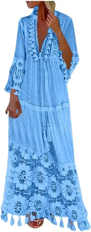 Women Lace Patchwork Maxi Dress Long Sleeve Sexy V Neck Boho Dress Spring Summer Casual Flowy Tiered Bohemian Dress