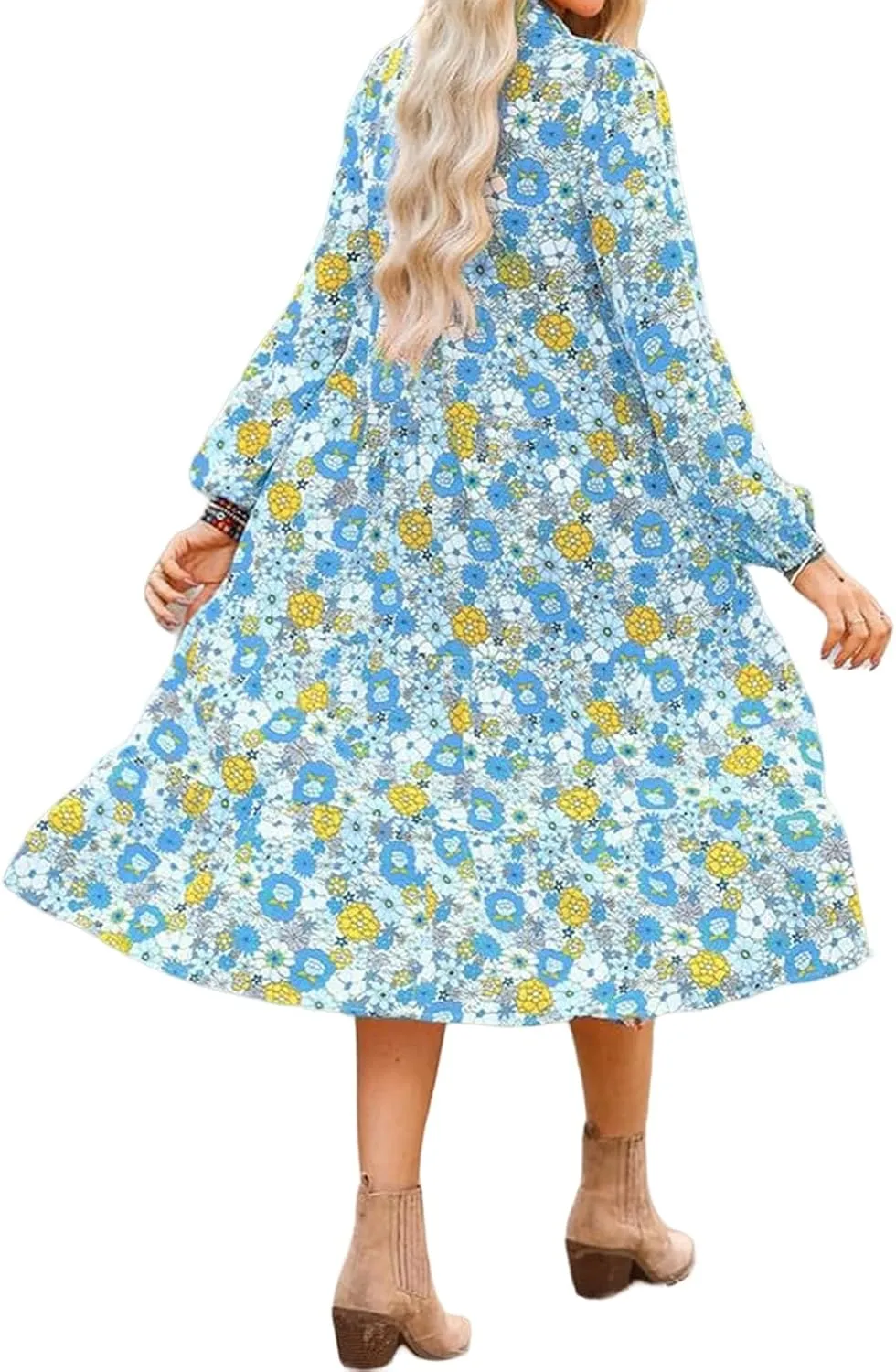 Women's Casual Boho Floral Print Dress V Neck Ruffle Sleeve Maxi Dress Loose Fit Beach Dresses Sundresses for Summer