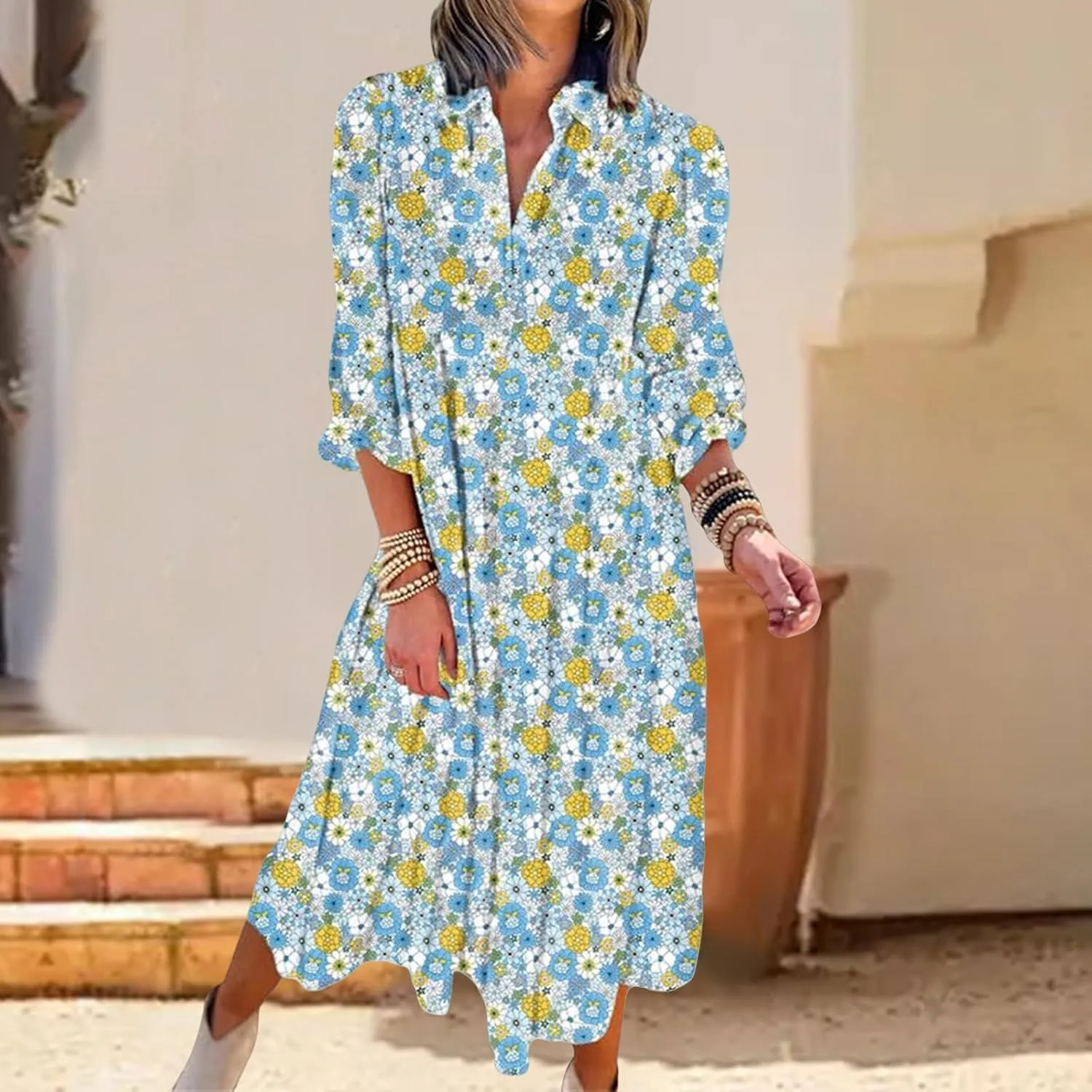 Women's Casual Boho Floral Print Dress V Neck Ruffle Sleeve Maxi Dress Loose Fit Beach Dresses Sundresses for Summer
