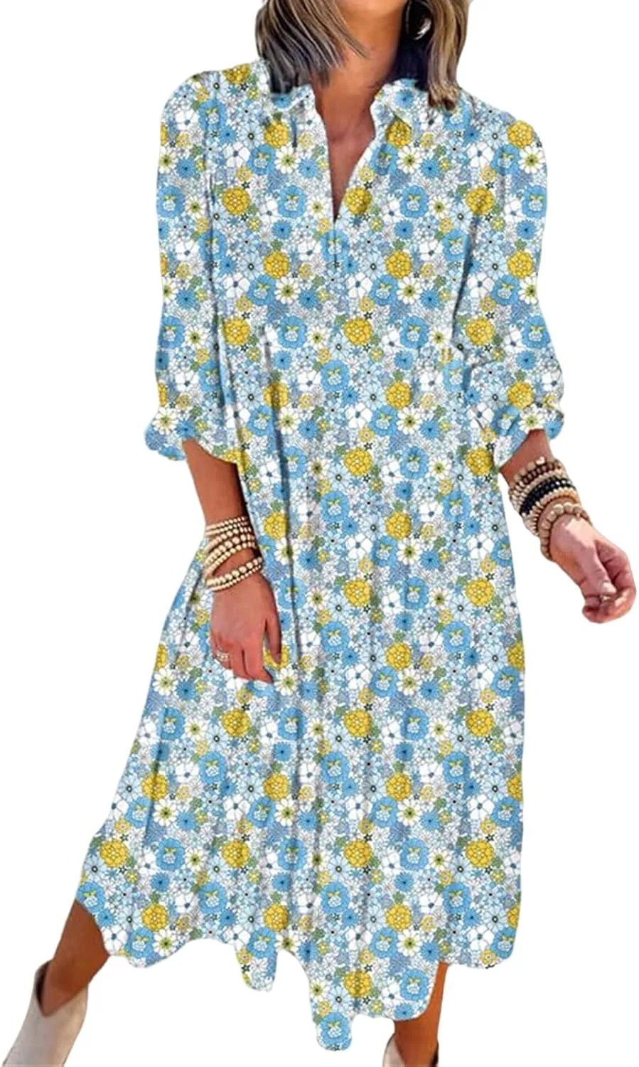 Women's Casual Boho Floral Print Dress V Neck Ruffle Sleeve Maxi Dress Loose Fit Beach Dresses Sundresses for Summer