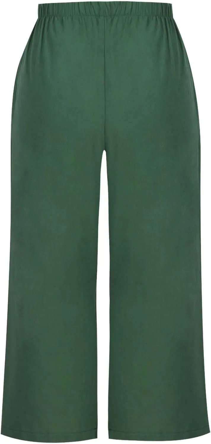 Women's Casual Loose Linen Capri Pants - Comfortable Elastic Waist Breathable Summer Trousers, Relaxed Boho Pants