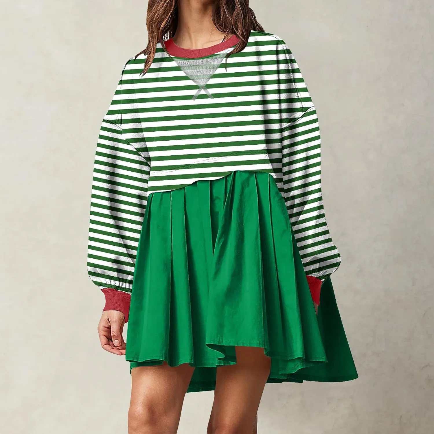 Women's Dresses Casual Oversized Sweatshirts Long Sleeve Crewneck Patchwork Pleated Pullover Mini Dress Fall Dress