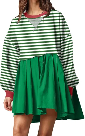 Women's Dresses Casual Oversized Sweatshirts Long Sleeve Crewneck Patchwork Pleated Pullover Mini Dress Fall Dress