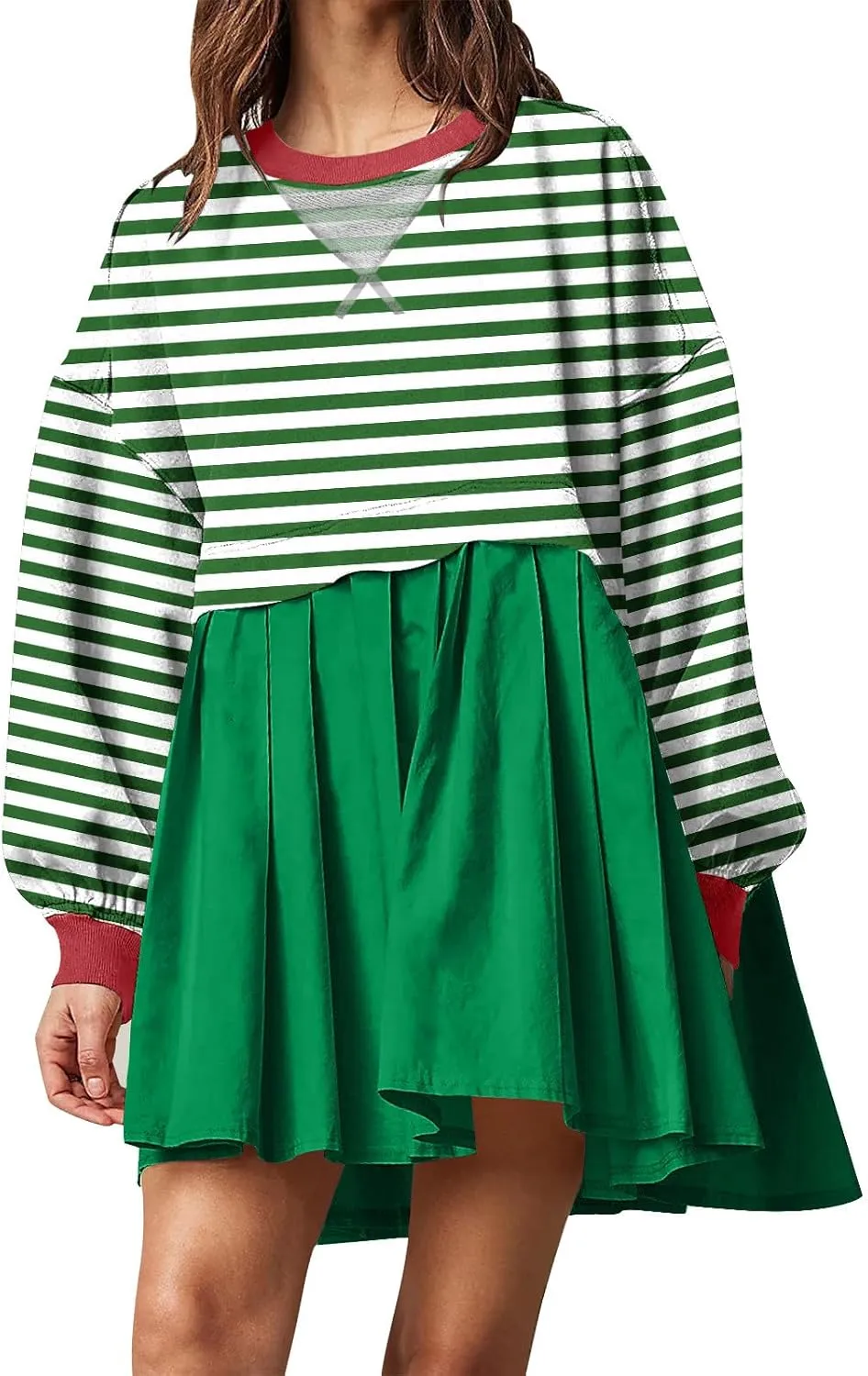 Women's Dresses Casual Oversized Sweatshirts Long Sleeve Crewneck Patchwork Pleated Pullover Mini Dress Fall Dress