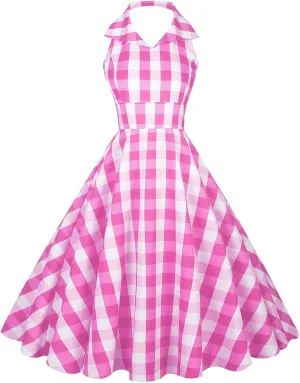 Women's Elegant Retro Rockabilly Vintage Swing Dress 1950s Style Plaid Neck Sleeveless Backless Dress for