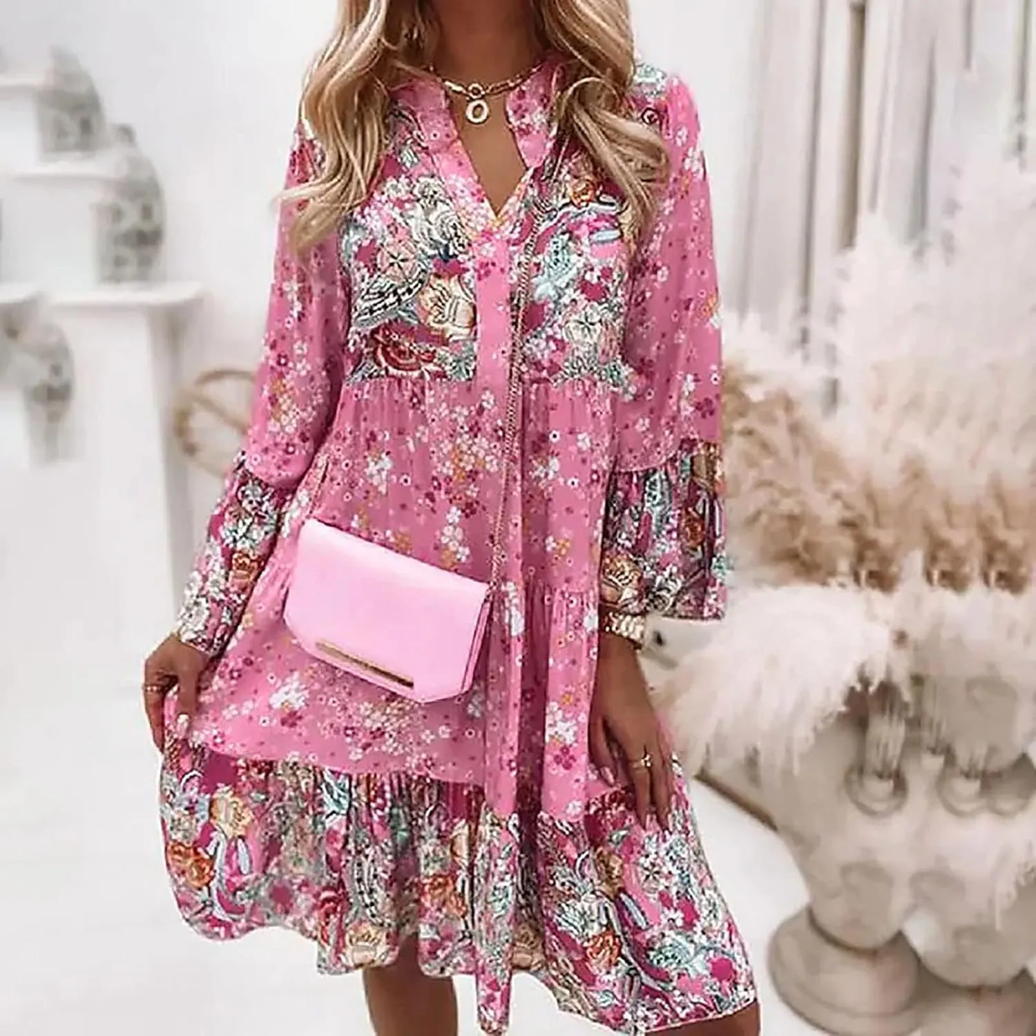 Womens Fall Dresses 2024 Boho Floral Ruffle Long Sleeve Maxi Dress Casual Flowy Swing Tiered Cocktail Party Dresses