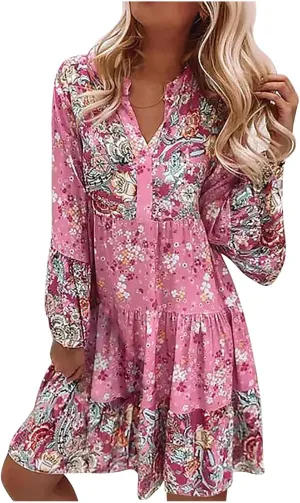 Womens Fall Dresses 2024 Boho Floral Ruffle Long Sleeve Maxi Dress Casual Flowy Swing Tiered Cocktail Party Dresses