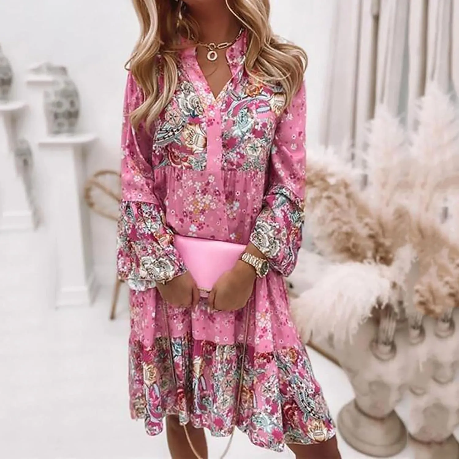 Womens Fall Dresses 2024 Boho Floral Ruffle Long Sleeve Maxi Dress Casual Flowy Swing Tiered Cocktail Party Dresses