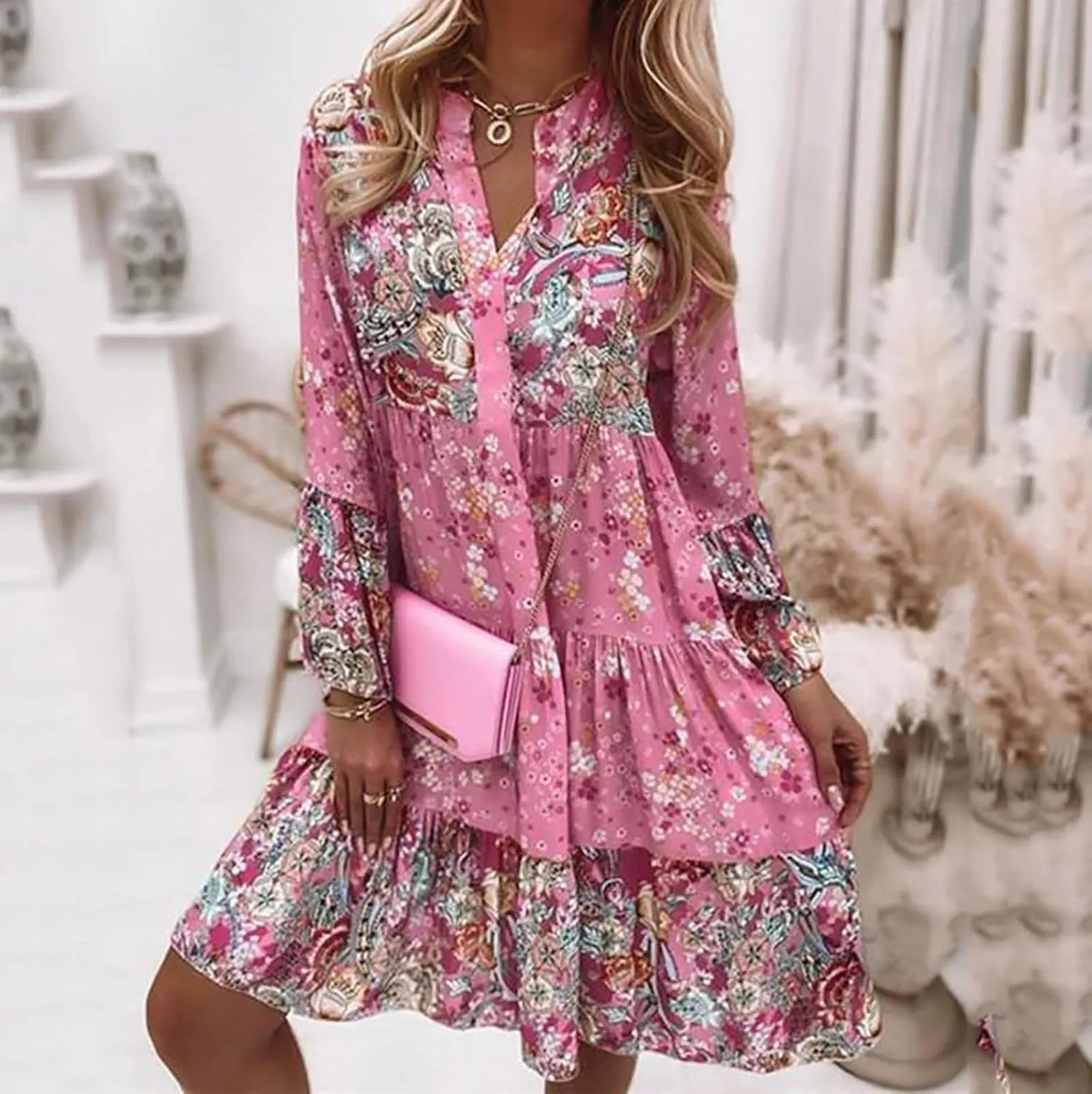 Womens Fall Dresses 2024 Boho Floral Ruffle Long Sleeve Maxi Dress Casual Flowy Swing Tiered Cocktail Party Dresses