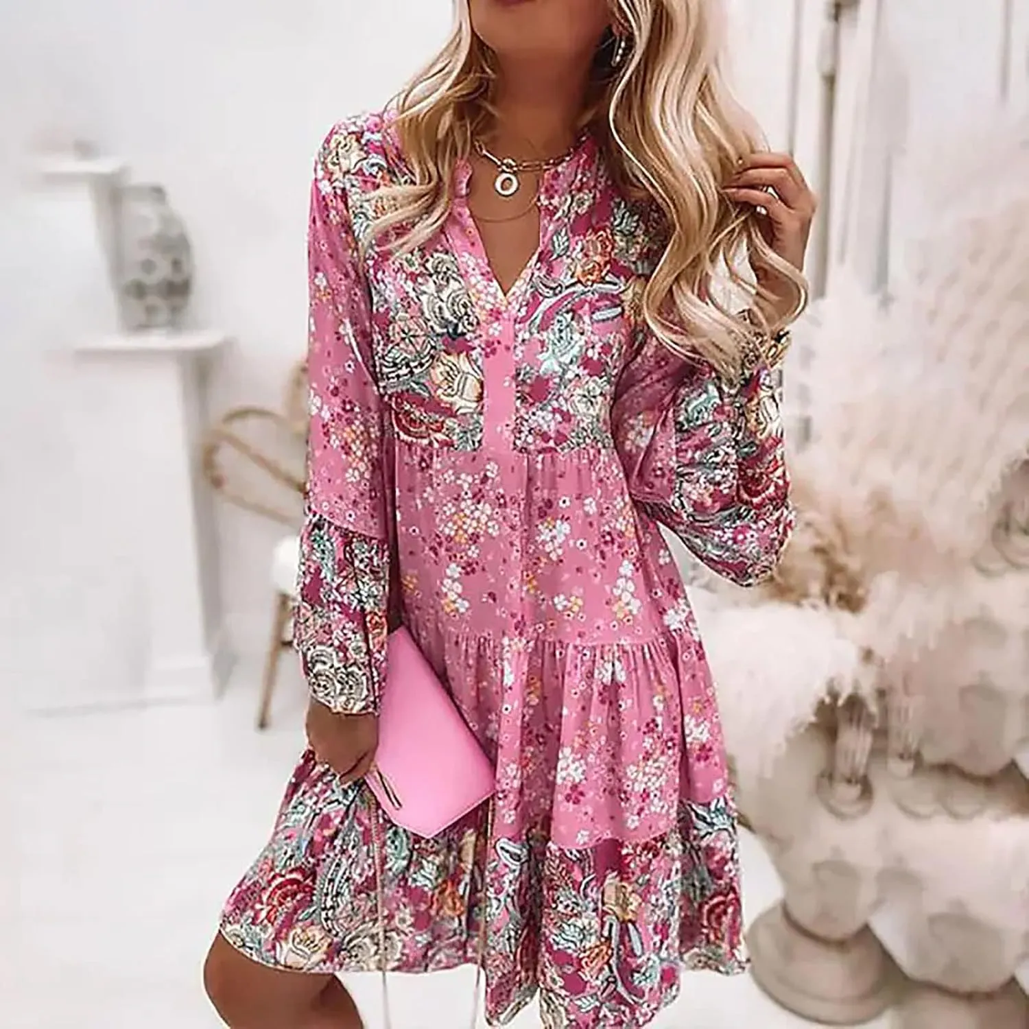 Womens Fall Dresses 2024 Boho Floral Ruffle Long Sleeve Maxi Dress Casual Flowy Swing Tiered Cocktail Party Dresses