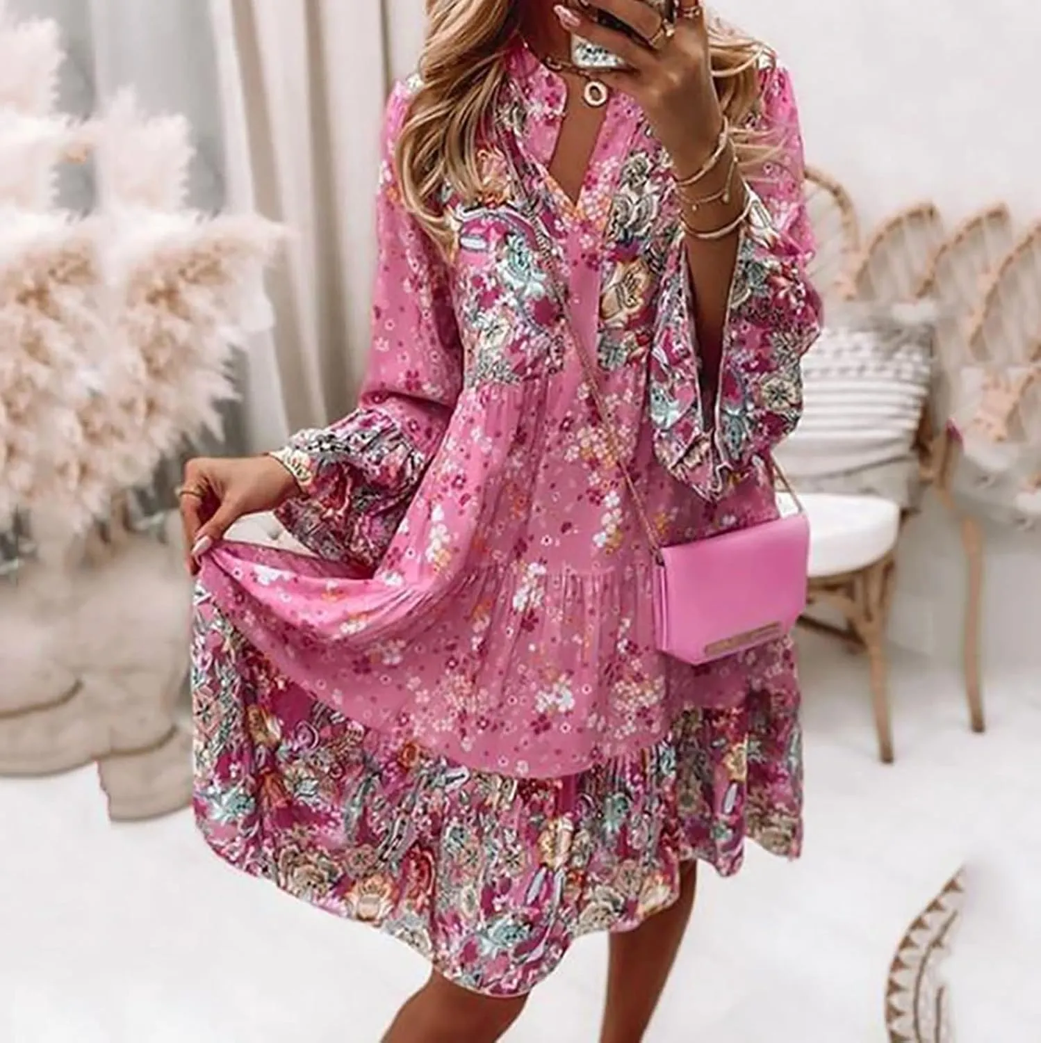 Womens Fall Dresses 2024 Boho Floral Ruffle Long Sleeve Maxi Dress Casual Flowy Swing Tiered Cocktail Party Dresses
