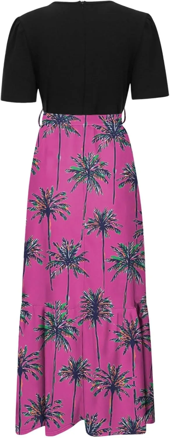 Womens Floral Print Long Dresses Elegant Boho Tie Belted Sundress Patchwork Empire Waist Short Sleeve Flowy Maxi Dress