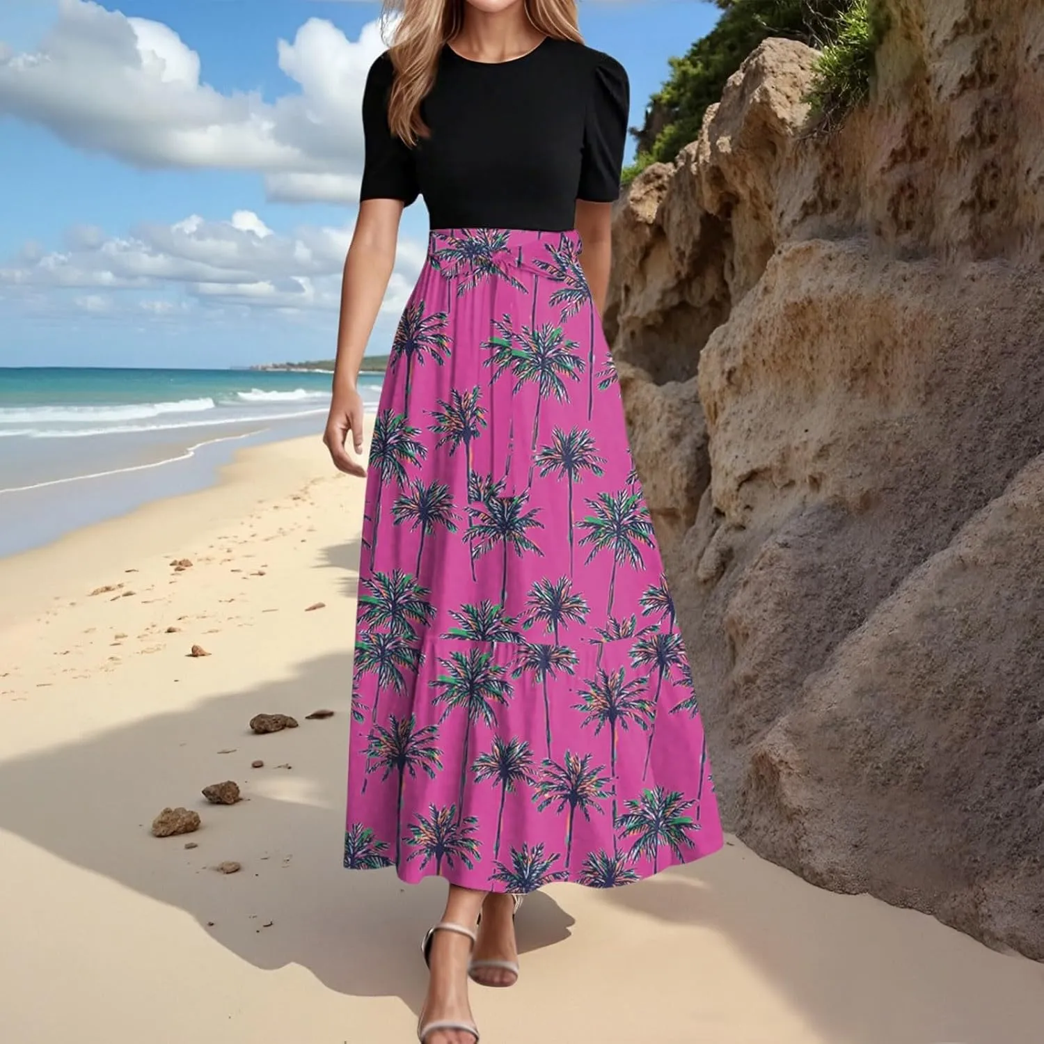 Womens Floral Print Long Dresses Elegant Boho Tie Belted Sundress Patchwork Empire Waist Short Sleeve Flowy Maxi Dress
