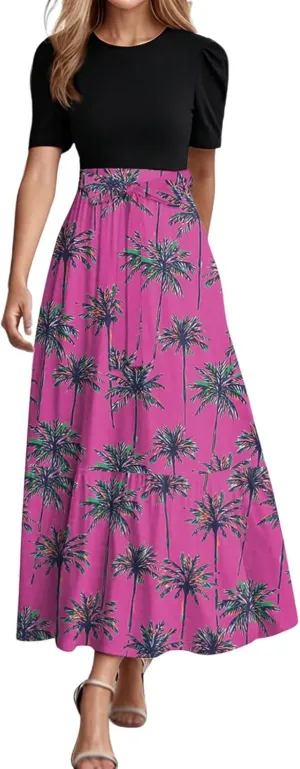 Womens Floral Print Long Dresses Elegant Boho Tie Belted Sundress Patchwork Empire Waist Short Sleeve Flowy Maxi Dress