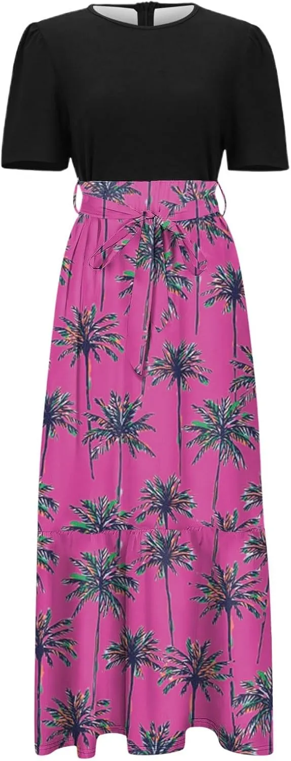 Womens Floral Print Long Dresses Elegant Boho Tie Belted Sundress Patchwork Empire Waist Short Sleeve Flowy Maxi Dress