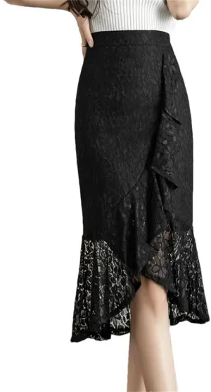 Women's Lace Irregular Bodycon Skirts High Waist Elegant Business Office Pencil Skirts