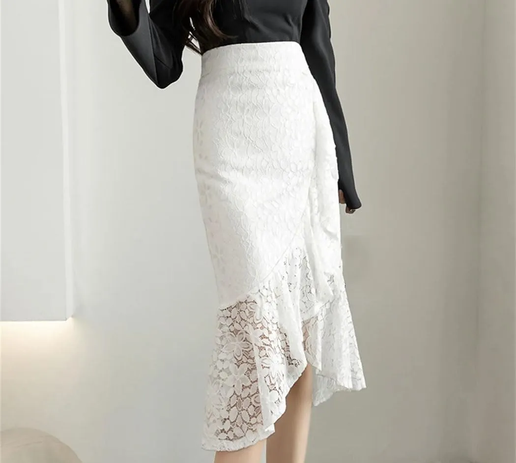 Women's Lace Irregular Bodycon Skirts High Waist Elegant Business Office Pencil Skirts